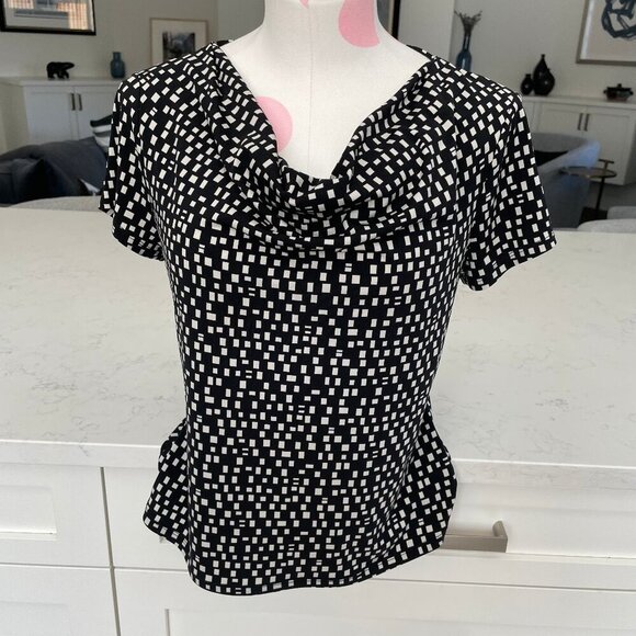 Precis Easycare Cowl Neck SS Geometric Print Polyester Top Black + White Sz S - Picture 1 of 9
